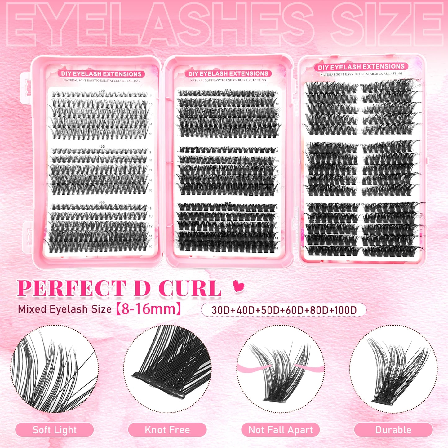 830Pcs Three Fold DIY Cluster Eyelash NEW 30D-100D Individual Lash Extensions Cosplay Thick Wispy Natural Lash Clusters