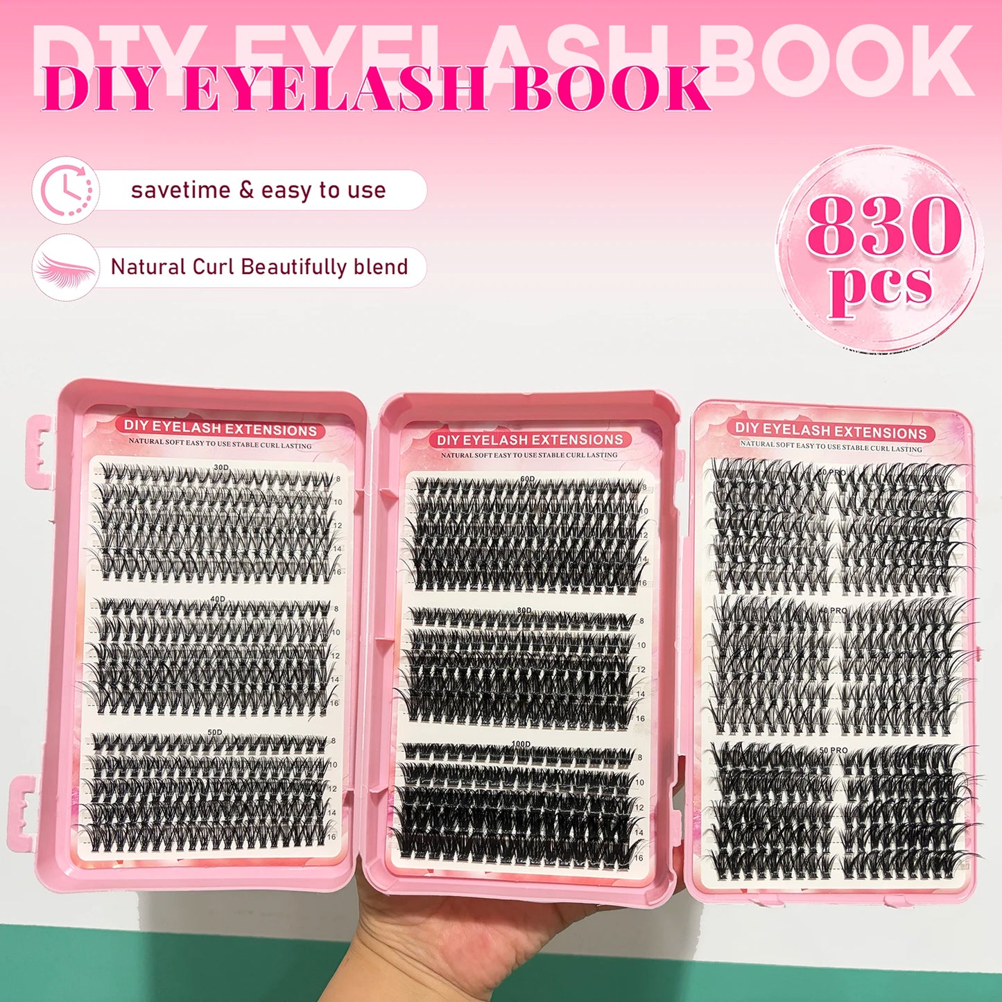 830Pcs Three Fold DIY Cluster Eyelash NEW 30D-100D Individual Lash Extensions Cosplay Thick Wispy Natural Lash Clusters